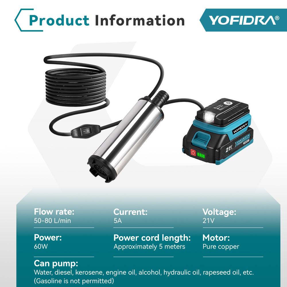 YOFIDRA 50–80 L/min Powerful Electric Water Pump Oil Pump Refueling Gun Submersible Car Pump For Makita 21V Battery Pin