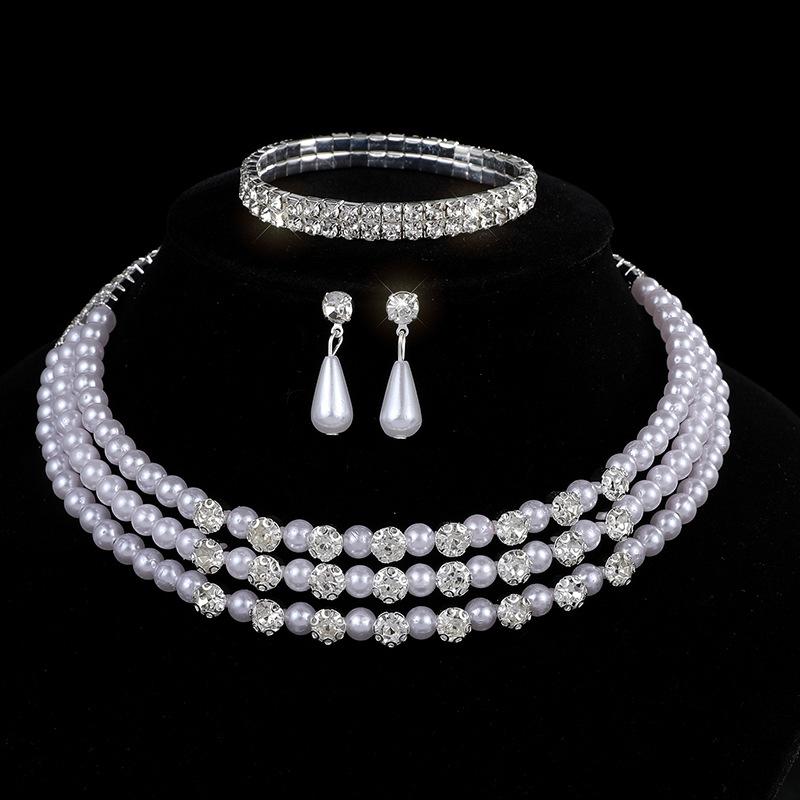Bridal Pearl Full Diamond Necklace Necklace Diamond Imitation Pearl Bracelet Earrings Necklace Set Women