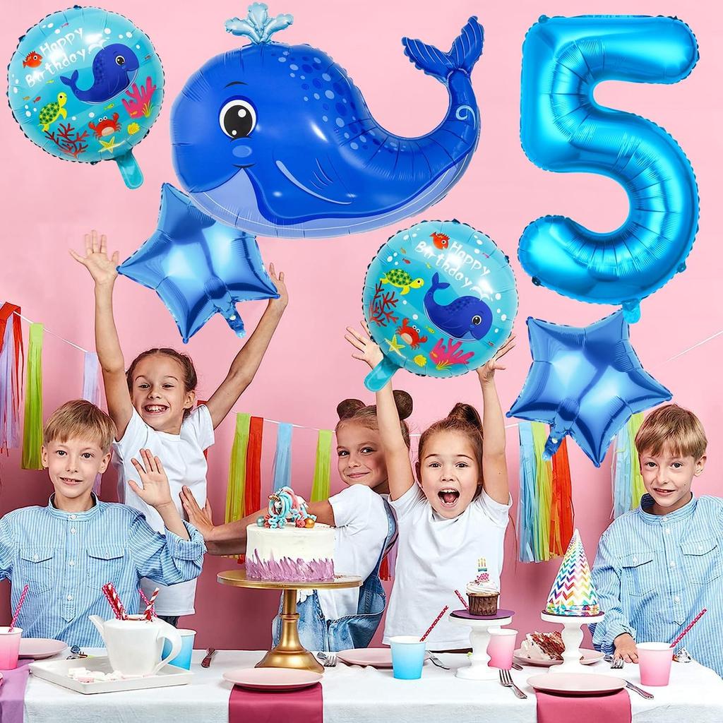 5th Birthday Whale Balloons, Blue, 9 Count, Ocean Theme, Boys & Girls