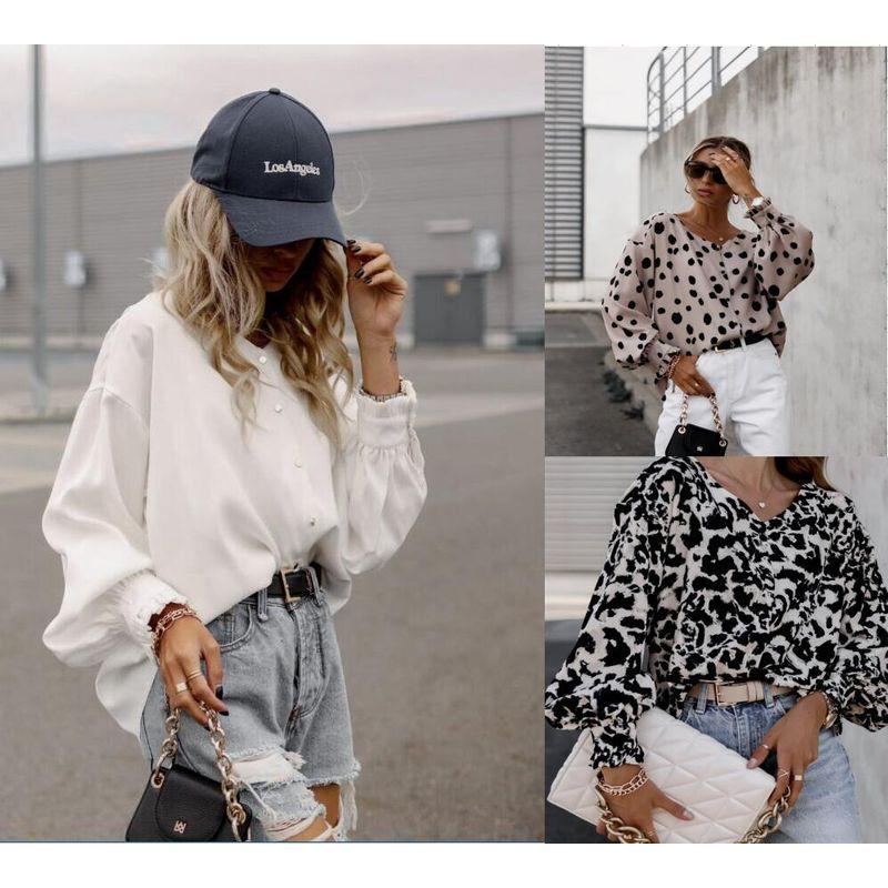 

2022 Women s Loose Leopard Print Polka Dot Long Sleeve Shirt Pink S
