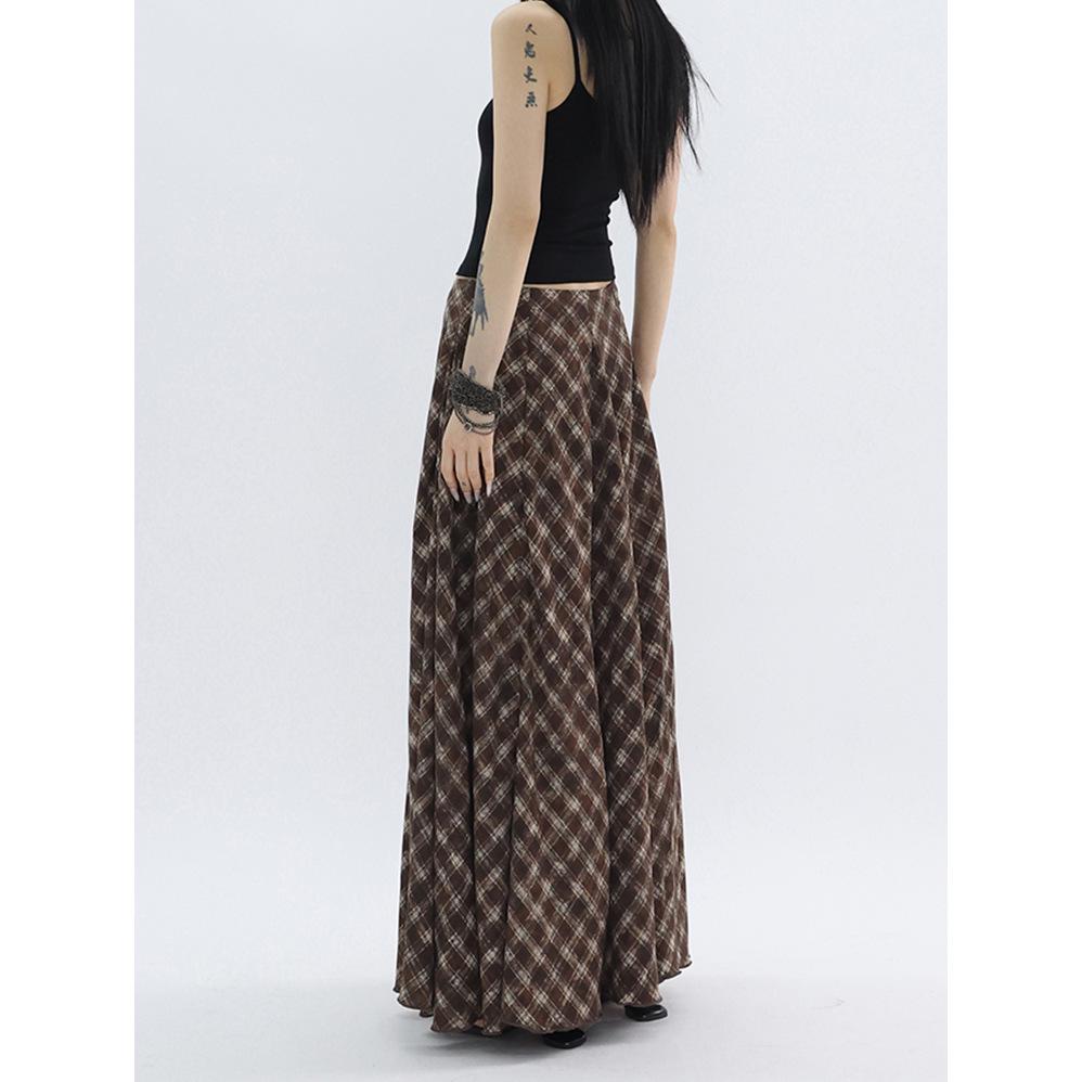 Korean Style Retro Plaid Long Swing Skirt - Women's High Waist, Lightweight, Drapey Midi Skirt
