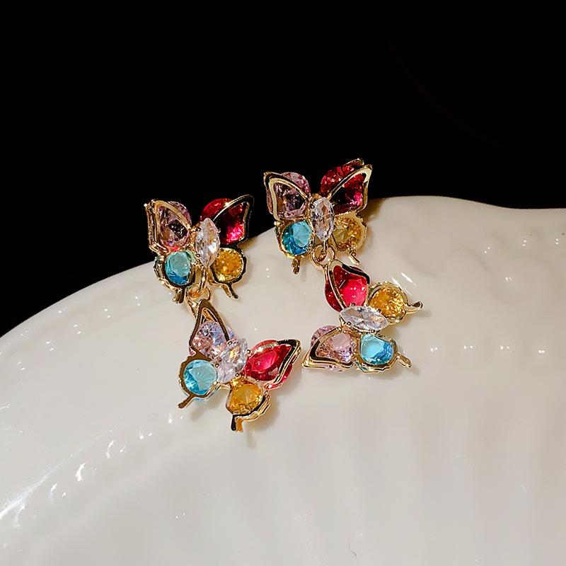 

Silver Needle Color Zircon Butterfly Earrings Fashion Niche Temperament Earrings Light Luxury Personality Sweet Cool Wind Earrings Women
