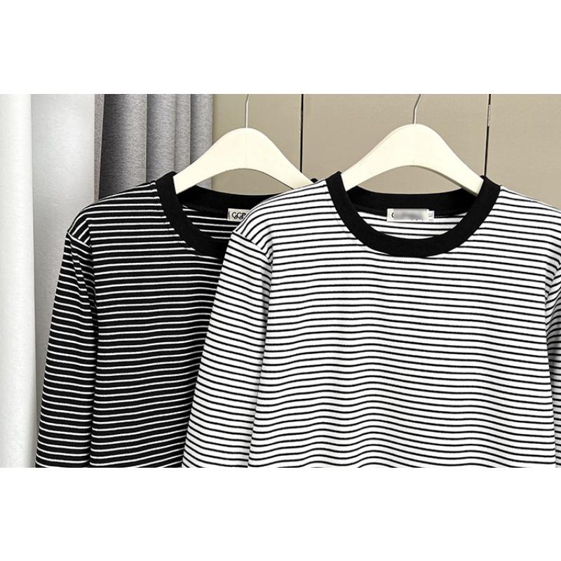 Plus Size Women Vintage Striped Thick Thermal Long Sleeve Base Warm T Shirt