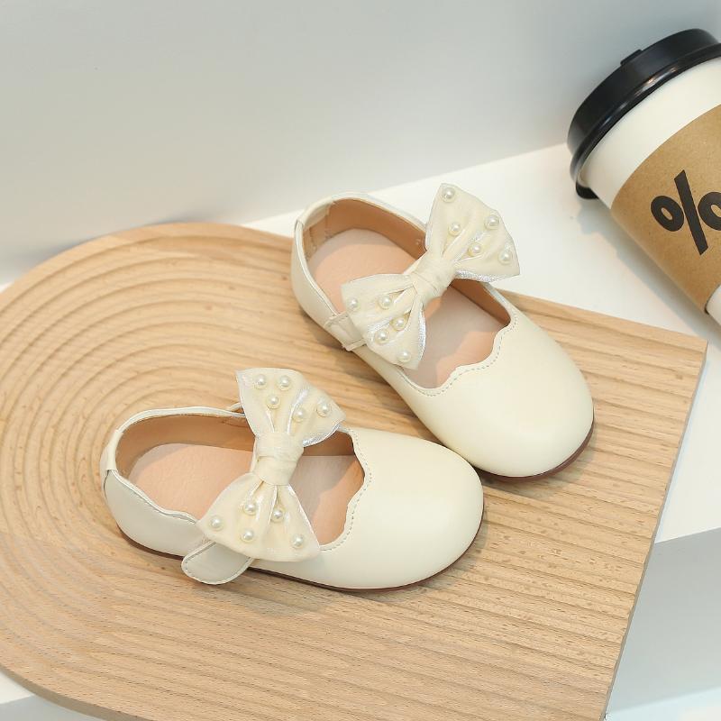 Children Mary Janes Beading Ribbon Black Beige Girl's Princess Shoes Shallow Flexiable Elegant Fashion Kids Flat Shoe 21-30