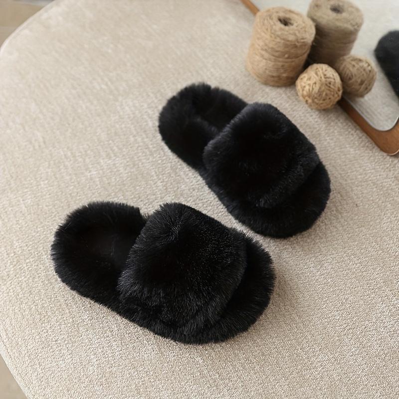 Youngsters' Fashionable Double Strap Indoor Home Slippers - Soft Fabric Slip-Ons with Plush Faux Fur Sole,Round Toe&Lightweight Design for Youngsters