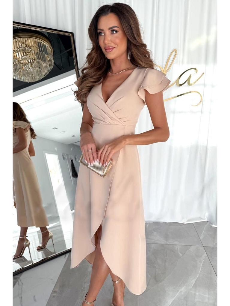 Dámské letní nepravidelné šaty s véčkovým výstřihem, stahováním v pase a nabíranými rukávy 2025