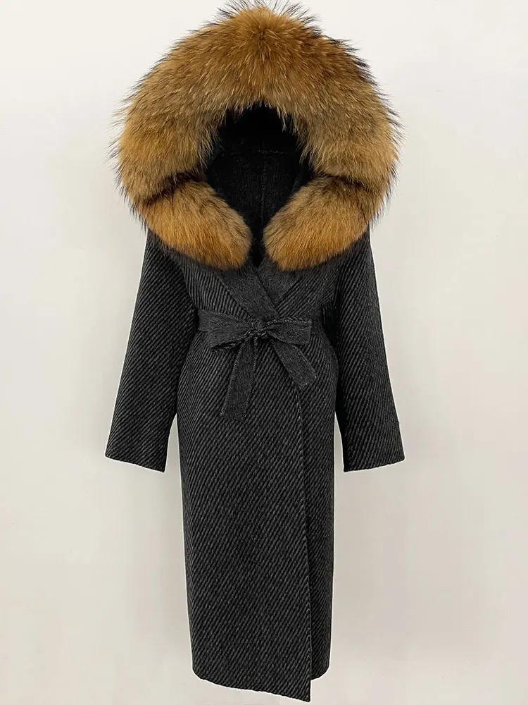 OFTBUY Winter Women Coat Real Natural Fox Fur Hooded Detachable Collar Double-faced Woolen Jacket Long Casual Elegant Overwears