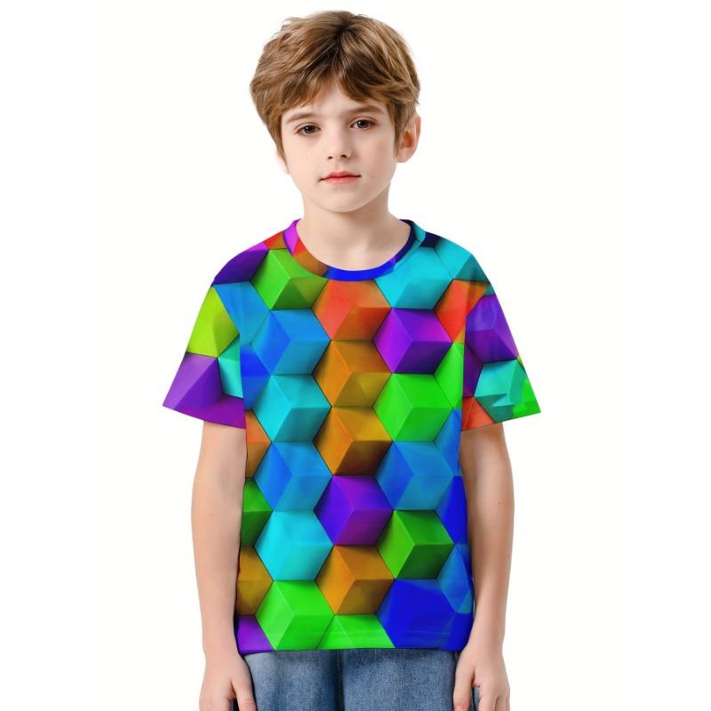 Kinderkleidung Jungen T-Shirt Kurzarm Kinder T-Shirt Mode Bausteine 3D-Druck Top Kinder Sommerkleidung Mädchenkleidung
