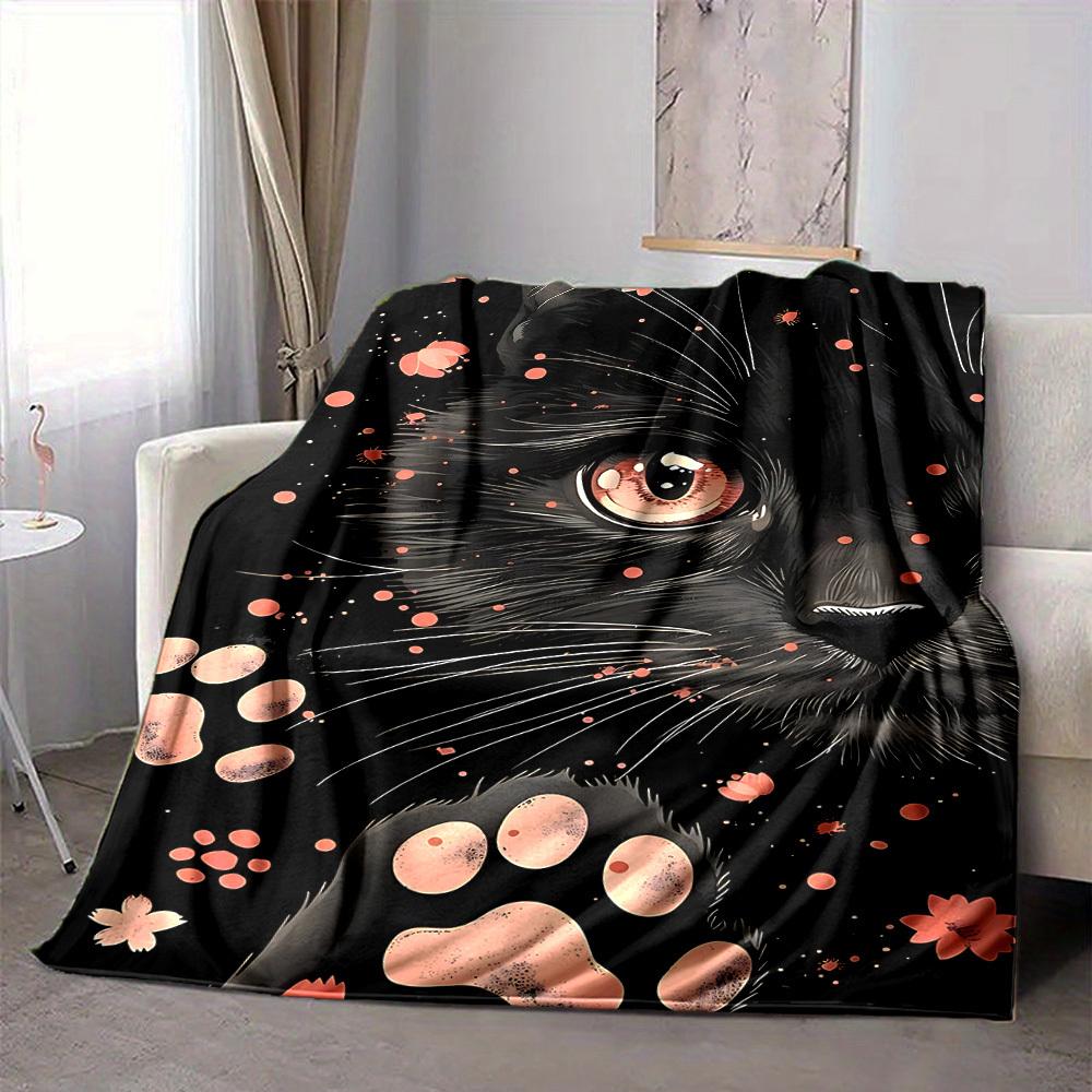 1pc Black Cat Print Blanket, Lightweight Flannel Throw For Sofa, Bed, Travel, Camping, Livingroom, Office, Couch, Chair