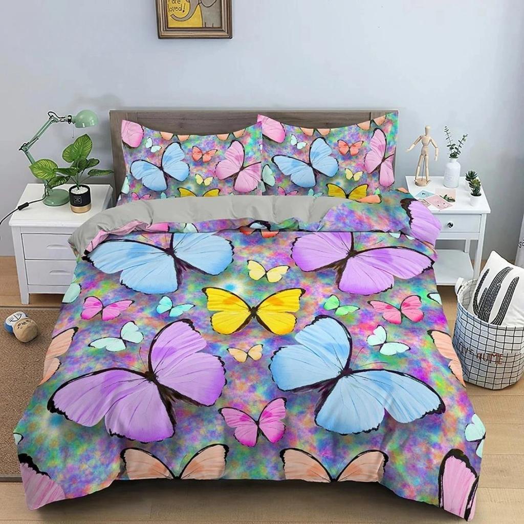Colourful Butterfly Bedding Set Simple Butterfly Black Duvet Cover Pillowcases For Adults Girls Teen Room Decor Polyester Quilt