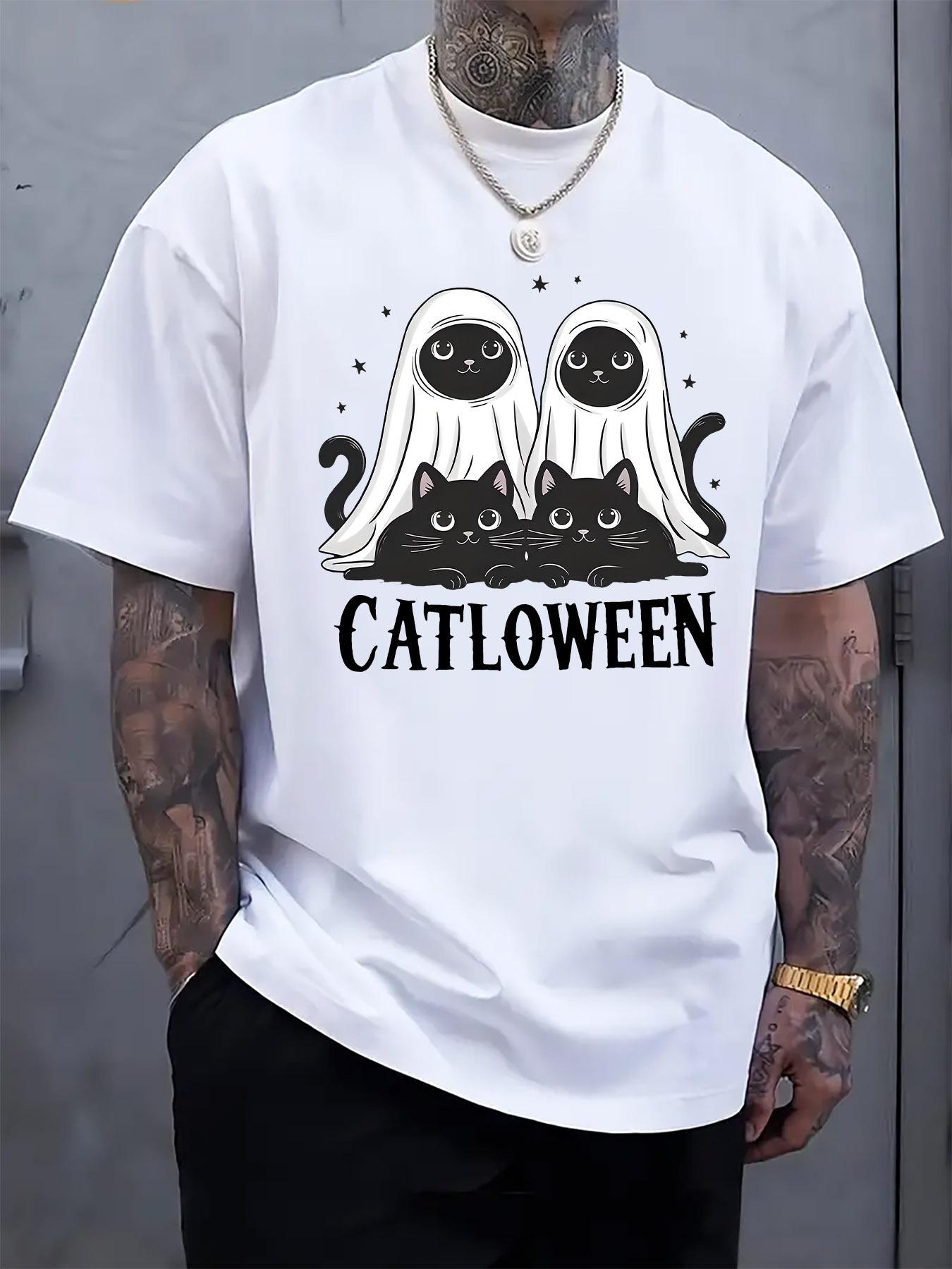 Halloween Cat Graphic T-shirt - Black Casual Crew Neck Short Sleeve Tee with Playful Cat and Black Cat Design XXXL