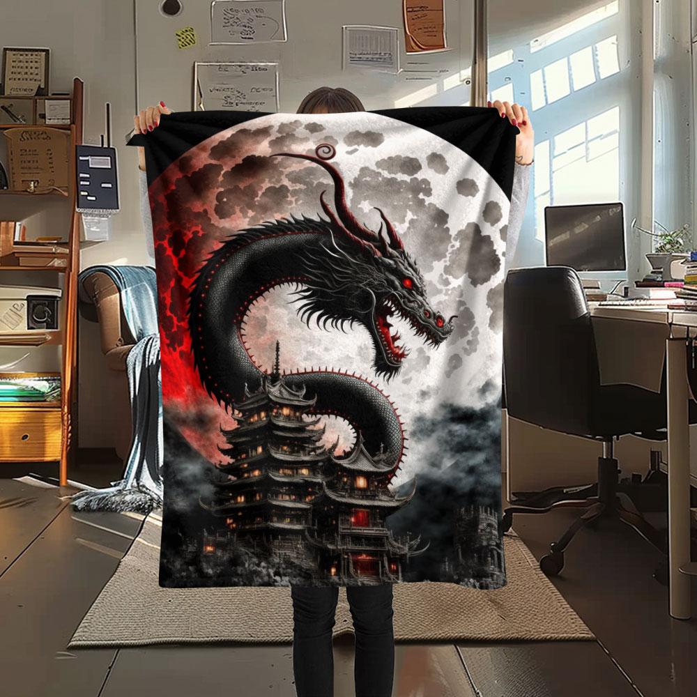 Black Dragon Pagoda Full Moon Blanket Home Decor Soft And Comfortable Machine Washable Sheet Nap Blanket