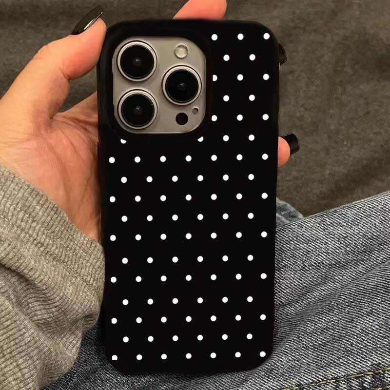 

Korean INS White Polka-Dot Phone Case For iPhone 17 16 Pro 15 14 Plus 13 12 11 Pro Max X XS 7 8 Plus Black Shockproof Soft Cover For iPhone X XS