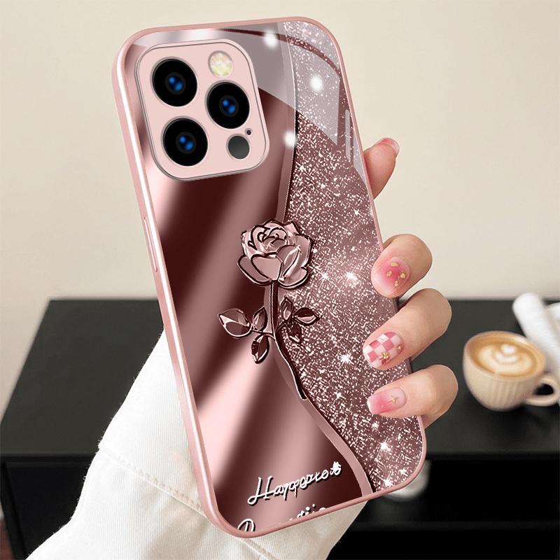 Sparkle Rose Emboss Pink Metallic Glass Phone Case For iPhone 11 12 13 14 15 16 17 Pro Max Plus 17Air 16E 7 8 Xr XsMAX Cover