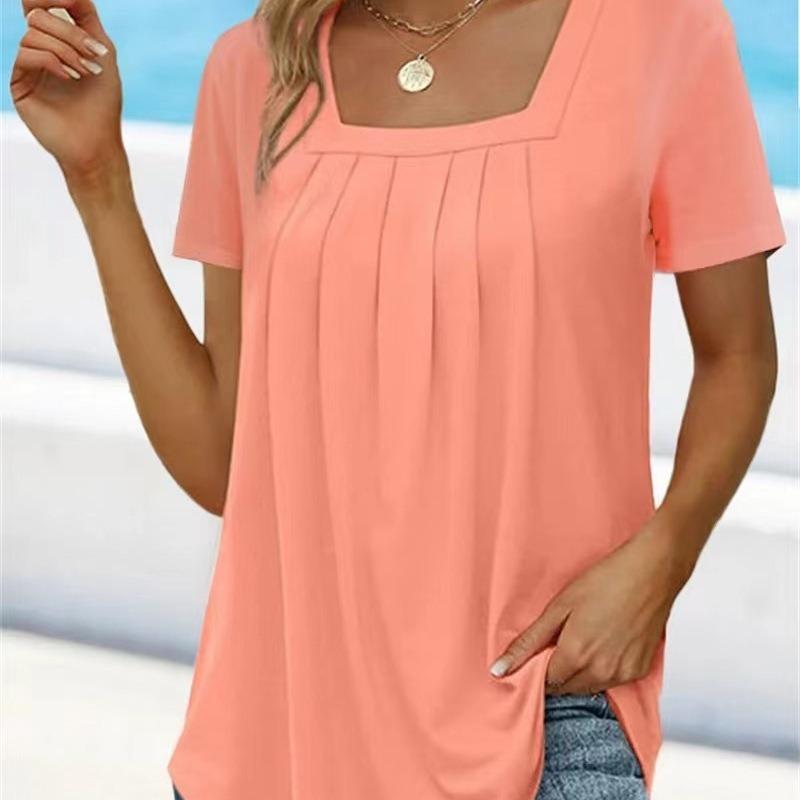 Women Square Neck Short Sleeve Blouse With Pleated Front And Curved Hem Casual Multi Color Summer Top