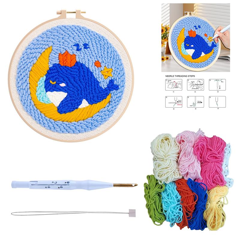 CHENISTORY DIY Punch Needle Kit Bee Butterfly White Flowers 20x20cm With Embroidery Hoop for Beginner Craft Kit Home Wall Decor