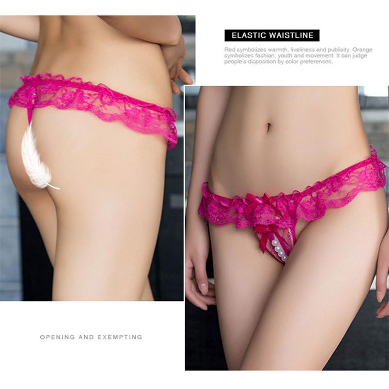 Women Sexy Panties Bowknot Beads Lace Low Waist Pearls Underpants Thongs Briefs