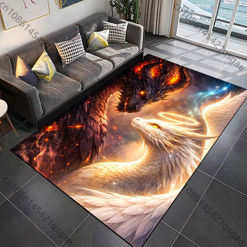 Fiery Black Dragon Versus Angelic White Dragon Print Carpet for Living Room Bedroom Sofa Home Decor Non-slip Mat Luxury Gift