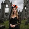 Halloween Party Hair Accessory Pumpkin Skull Floral Headband, Stable Hoop with 3D Artificial Costume Headband Flowers And Spiderweb Black Gauze Gothic