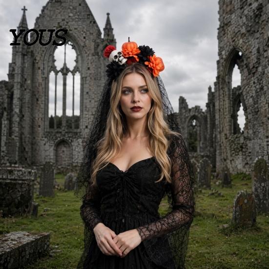 Halloween Party Hair Accessory Pumpkin Skull Floral Headband, Stable Hoop with 3D Artificial Costume Headband Flowers And Spiderweb Black Gauze Gothic