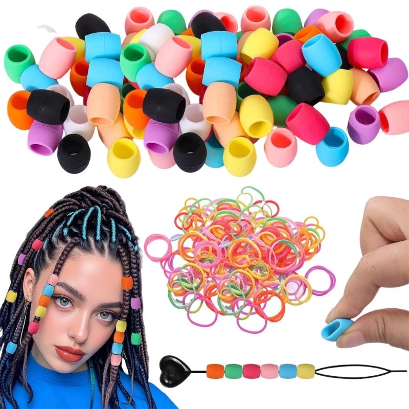 50pcs Mix Colors Silicone Hair Beads for Braids with Rubber Bands and Beader for Braiding DIY Bracelets Necklace Crafts