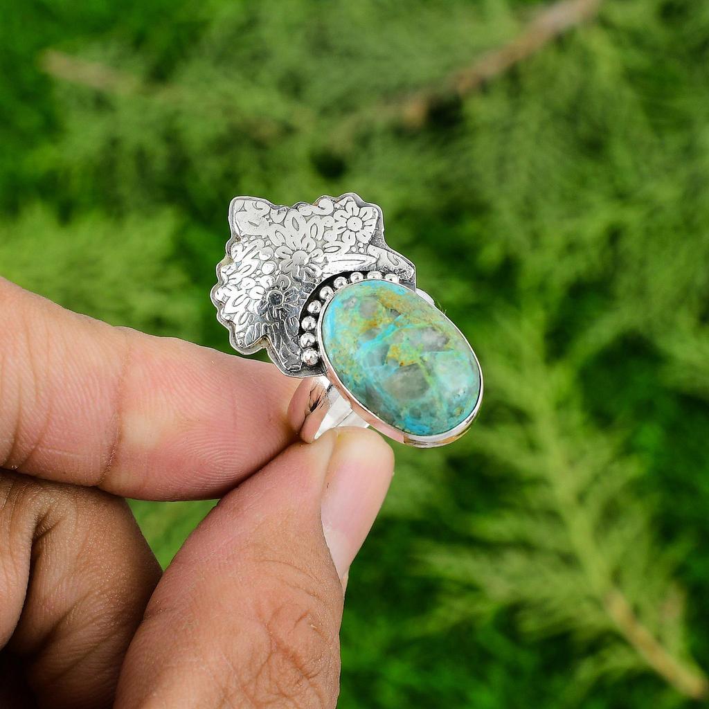 Shattuckite Gemstone 925 Silver Promise Mother Engagement Unique Boho Bezel Ring