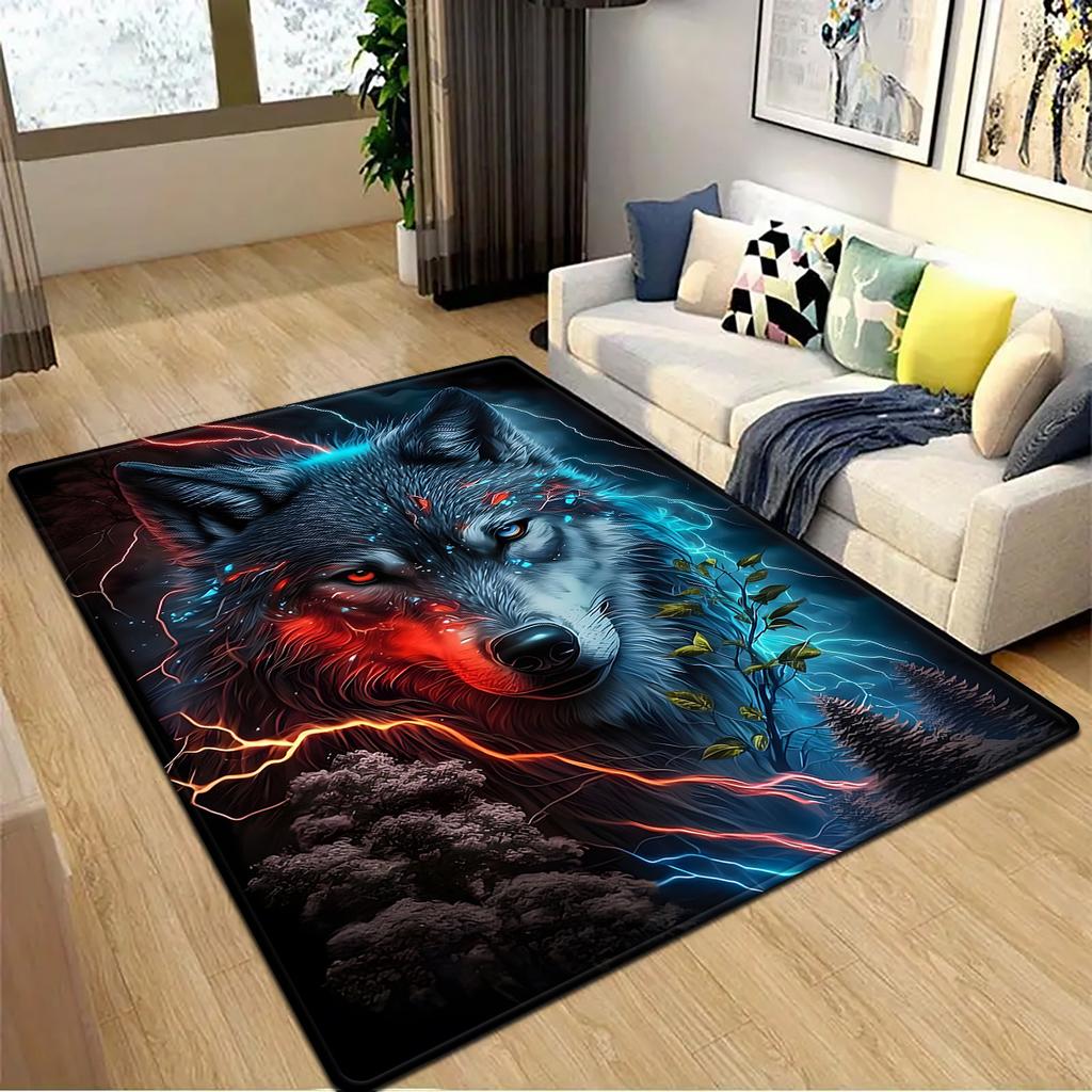 Wolf Design Rug – Red & Blue Glow, Fade-Resistant Knit Polyester with Non-Slip Backing for Bedroom or Living Room Decor