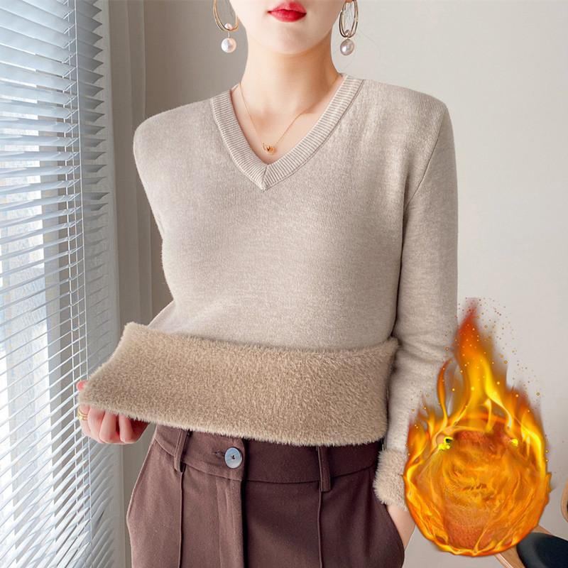 V-neck Sweater for Women Autumn and Winter Thick Knit Sweater with Added Velvet Long Sleeved Solid Color Warm Pullover
