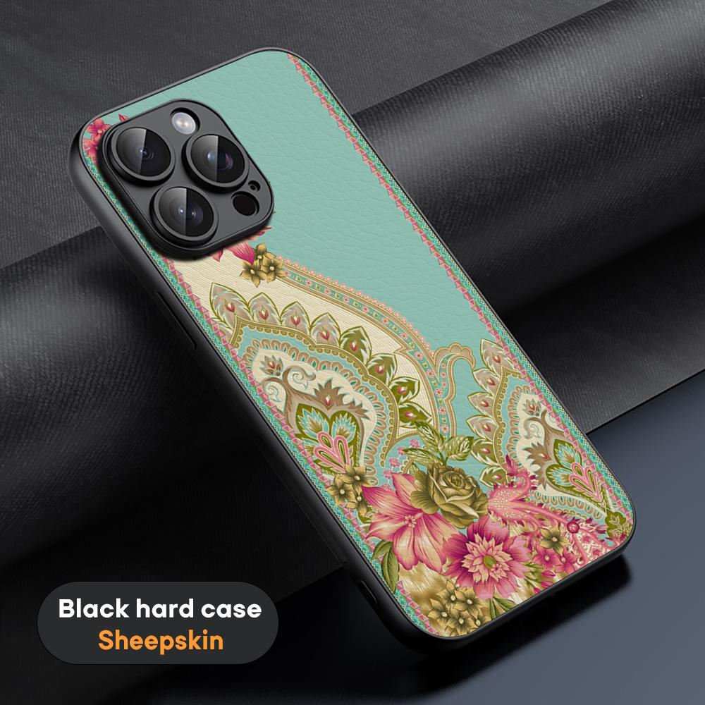 Indian Retro Luxury Fashion Pattern Design Phone Case For iPhone 16 15 14 13 12 11 Plus Pro Max Black Hard Case Sheepskin
