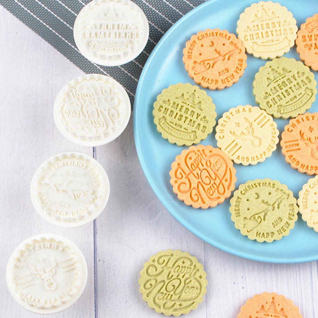 4 Pcs Round Christmas Biscuits Mold Cookie Stamps Set Fondant Biscuits Pastry Cookie Cutters for DIY Cake Baking