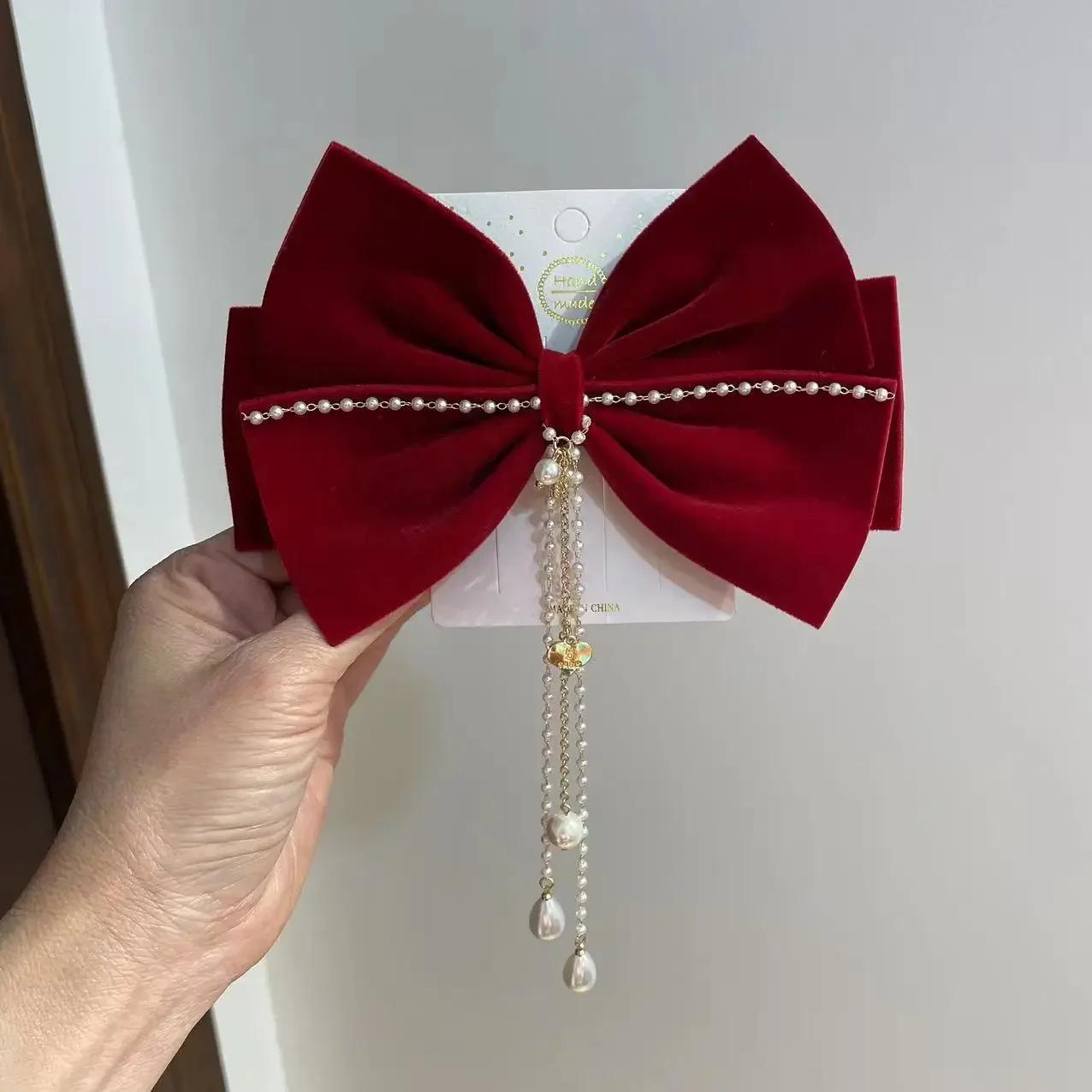 New Wine Red Velvet Bow Hair Clips for Women Rhinestone Pearl Tassel Barrette Bridal Hair Pins Headdress Hair Accessories