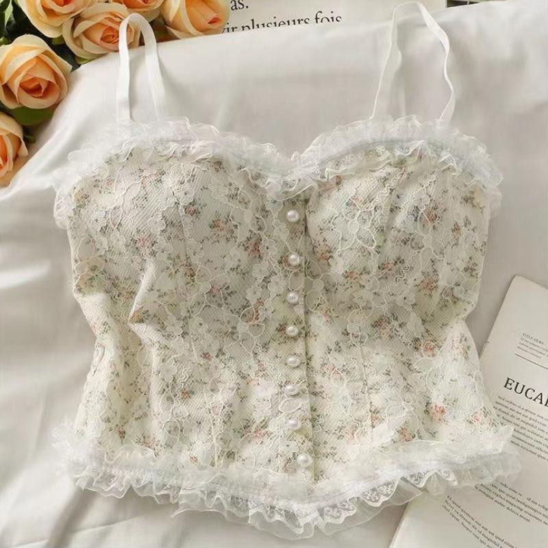 

Кружевной бюстгальтер-бретелька, женский летний винтажный дизайн с цветочным принтом, короткий красивый топ сзади, женская одежда Y2k one size белый