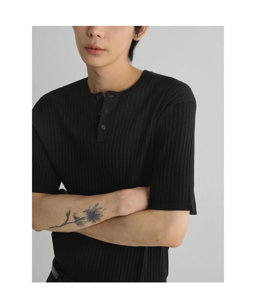 8SECONDS Ribbed Henley Neck Short Sleeve Knit Black