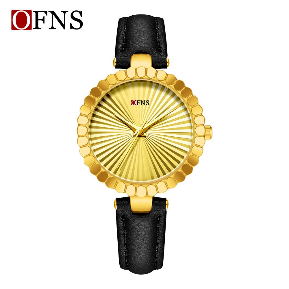 Oufanni Women's Sunburst Quartz Watch with Cowhide Strap – Waterproof, Fan-Shaped Versatile Design, Model 1643.