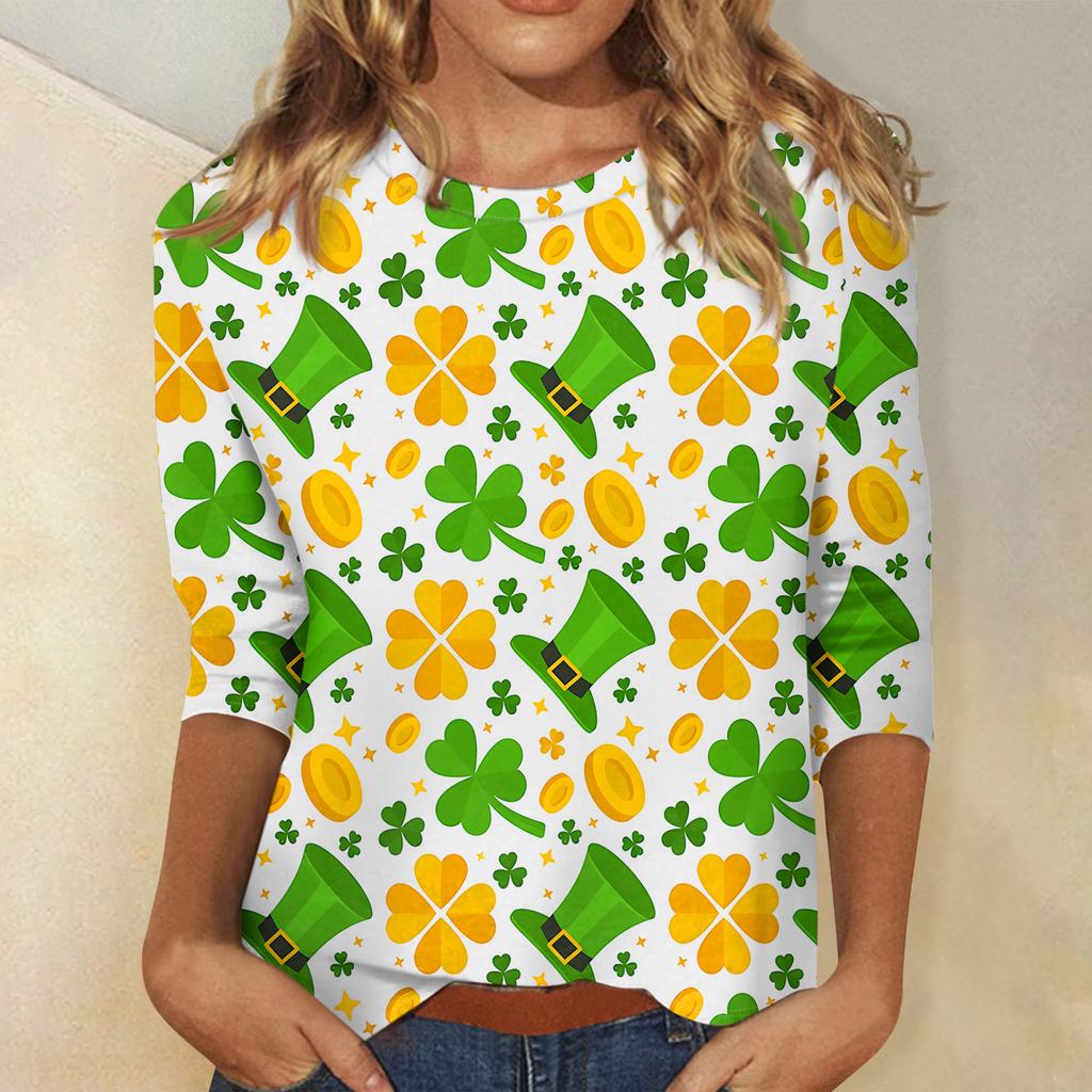 Women's Three-quarter Sleeve Saint Pao Shirt, Round Neck, Loose Casual Shirt