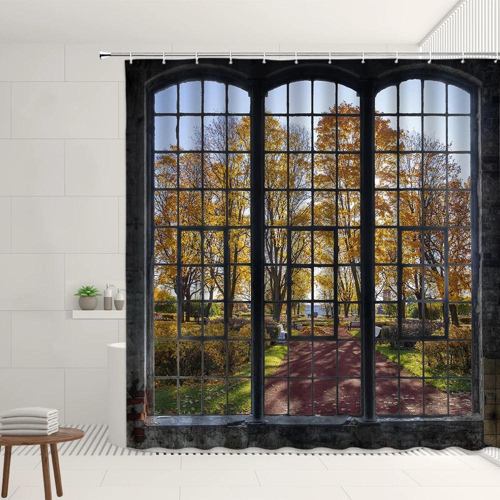 Set Tende da Doccia Finestra Retrò Foresta Autunnale Cascata Strada Vintage Fiore Pianta Architettura Moderna Paesaggio Schermi per Bagno