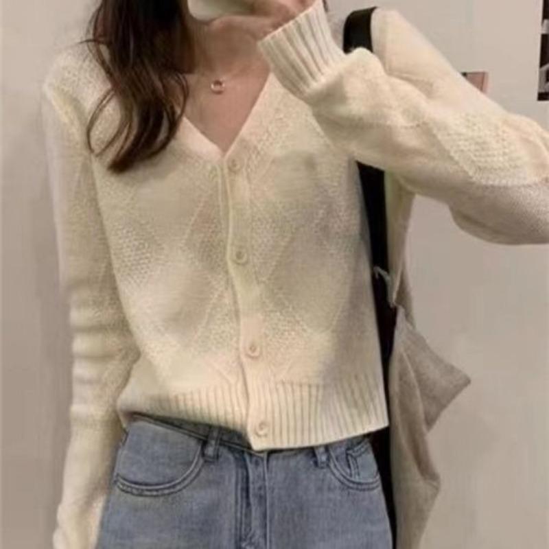 Autumn and winter new loose simple versatile knitted cardigan women's soft waxy v-neck thin long-sleeved sweater jacket trendy