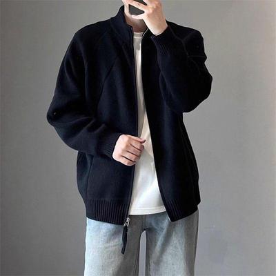 CleanFit Men's Black Knit Cardigan: High-End, Plus Size, Stand Collar Zipper Sweater for Autumn/Winter