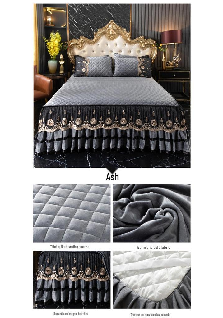 European Crystal Velvet Quilted Bed Skirt - Autumn/Winter Thick Lace Bedspread, Non-slip Flannel, 1.5m/1.8m Bedding Set