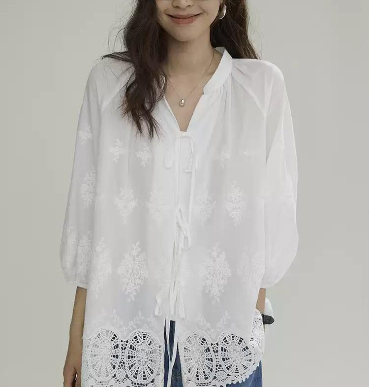 Embroidered lace edge cotton white shirt women's summer high-end niche versatile shirt