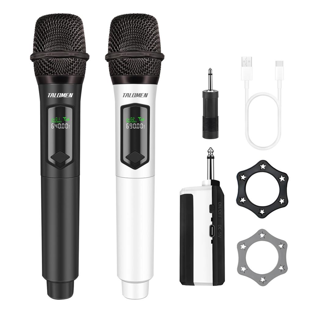 TALOMEN K602 Wireless Karaoke Microphone, Moving Coil Microphone with 6.35mm Receiver, 50M Range, 10 Hours of Battery Life, Wireless Microphone Kit