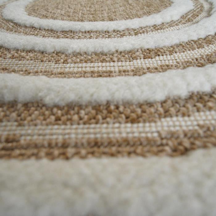 Tapis rond aspect jute motifs en relief blanc diamètre 70