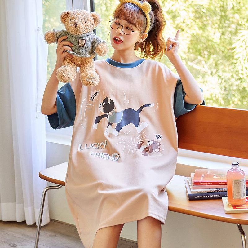 Süßes Sommernachthemd aus Baumwolle mit Cartoon-Motiv für Damen – Kurzarm, lockere Passform, koreanischer Stil, mittellanger Rock
