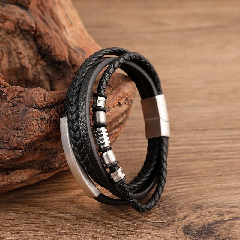 Stainless Steel Mens Braided Leather Wrap Bracelet Geometric Design Cycling Safety Accessory