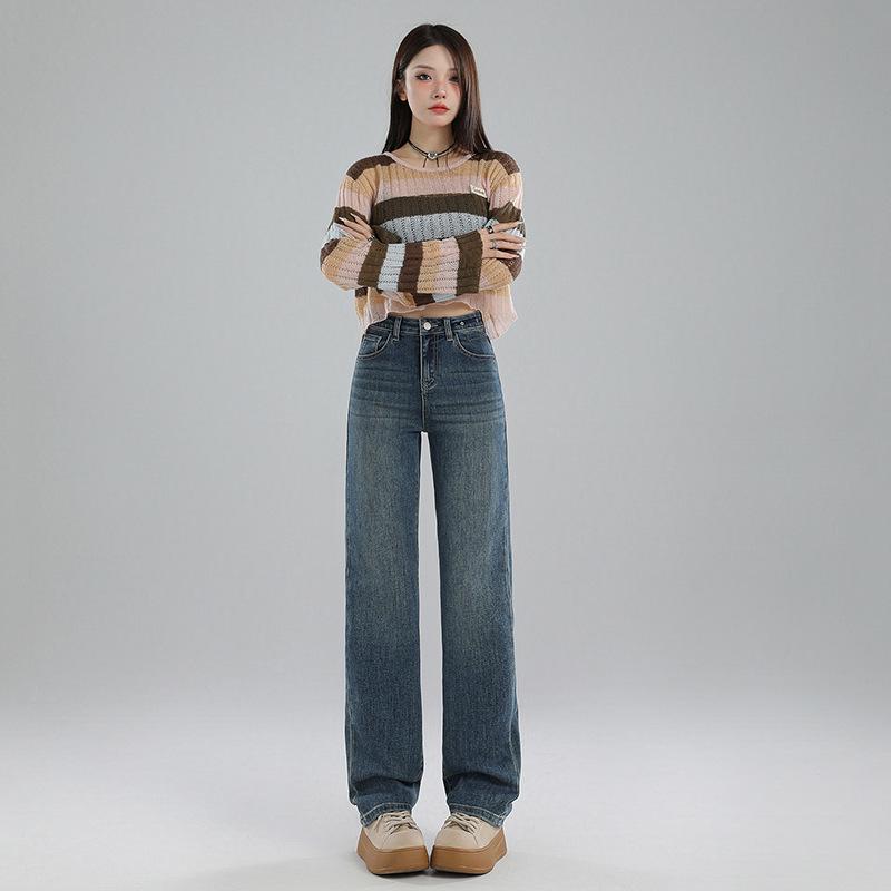 Autumn Retro High-Waist Straight Leg Mop Jeans for Women