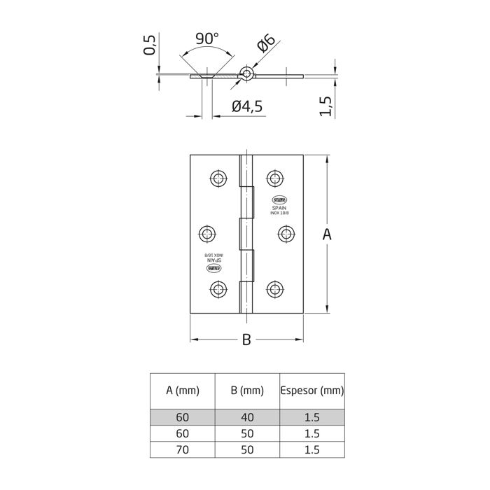 AMIG | Charnière 2002 | 60 x 40 x 1,5 mm | Acier inoxydable AISI 304 | Mat