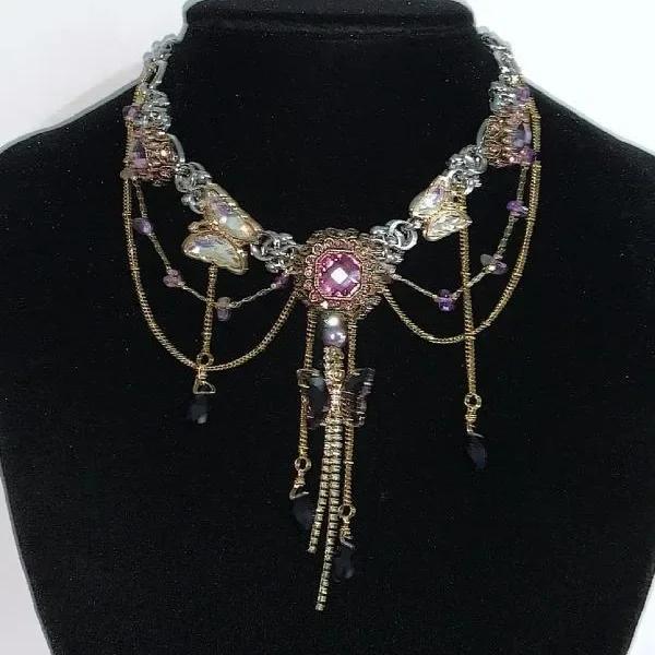 Retro "Tea Break Dance Party" Amethyst Necklace - Titanium Steel Butterfly Multi-Layer Tassel & Rhinestone Design