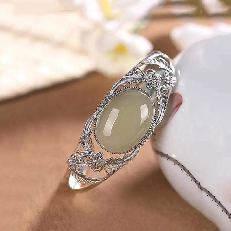 Pulseras huecas de flor de jade Hetian natural con incrustaciones vintage para mujer, joyería elegante de estilo étnico para boda y compromiso