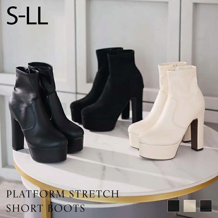 Vivian Women's Stretch Platform Short Boots with 13.5cm Heel, Beige, Size M (23.0-23.5cm), V9900AW