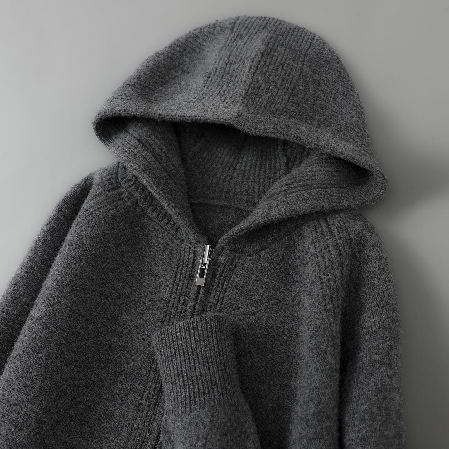 

Чоловічий капюшований кардиган зі 100% австралійської вовни - Щільний, Товстий, Вільний повсякденний худі на блискавці XXL